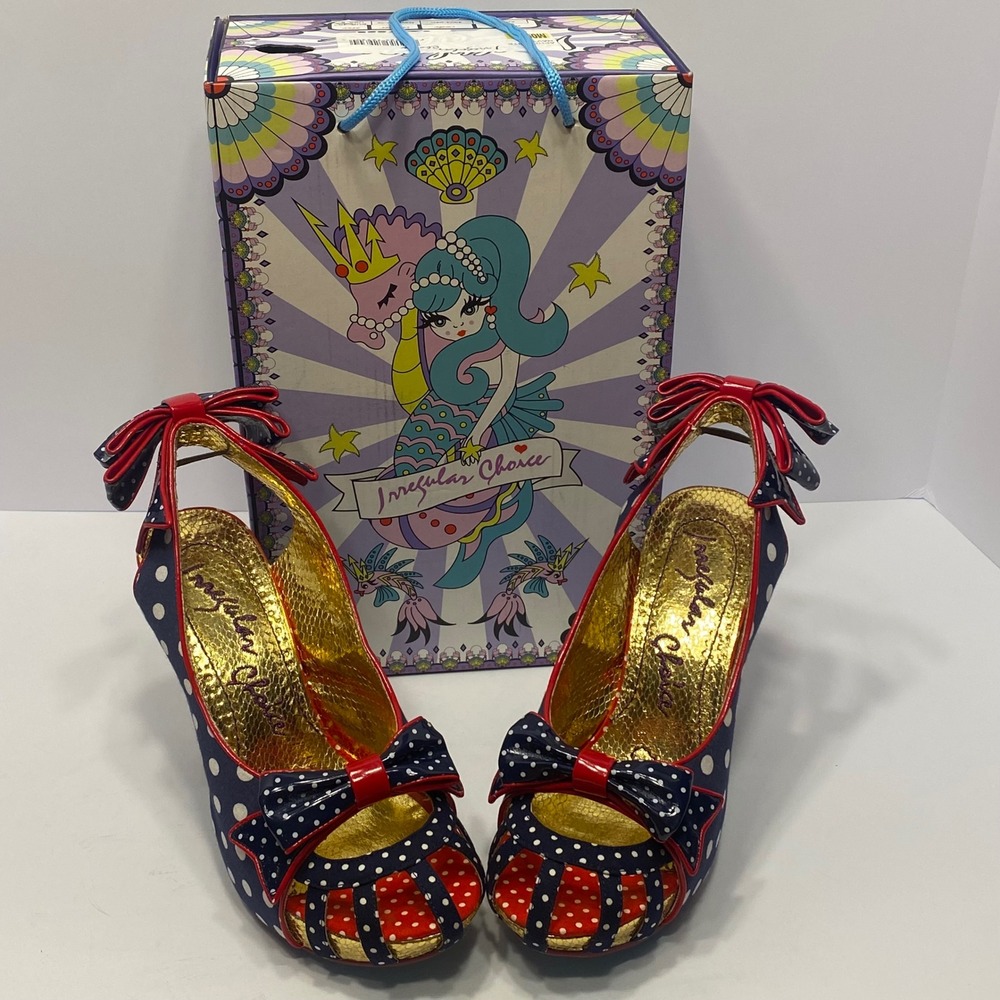 Irregular Choice Peep Toe Heels Women Size 9 Blue Polka Dot Nautical Bows W/ Box